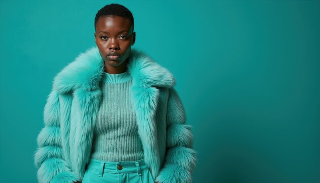 Young Black woman with short hair wears bright teal faux fur coat and knit sweater. She poses with confidence against a solid teal background, showcasing winter fashion style.