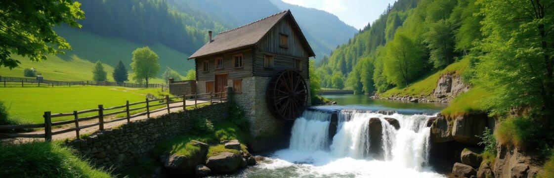 Old wooden mill with water wheel sits beside cascading waterfall in rich green valley. River flows through verdant landscape. Historic rural structure powered by nature.