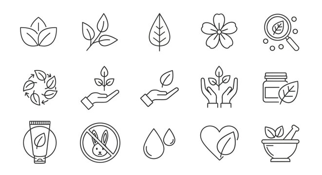 Natural organic cosmetics line icons, 15 vegan skincare and herbal beauty symbols, eco friendly botanical product vector set for packaging