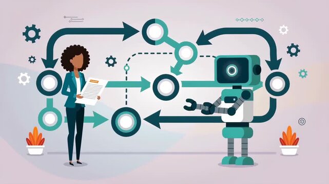 Woman and robot working together in an automated workflow process. Artificial intelligence and human collaboration concept. Automation and technology integration. Flat animated illustration