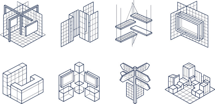 Isometric exhibition stand grid construction line icons set. Vector expo booth modular architectural structures, trade show technical elements, display panel, counter and signboard blueprint outline c