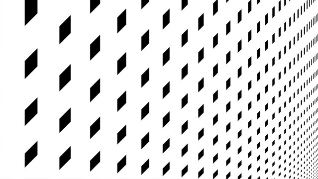Abstract black and white geometric line art featuring repeating diamond shapes arranged in a perspective grid that creates depth and optical illusion.