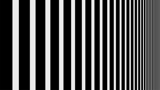 Minimalist black and white vertical stripe pattern transitioning from wide to narrow spacing, creating compression perspective and optical rhythm.