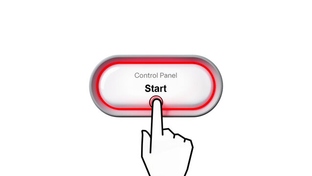 Finger pressing illuminated red start button on control panel