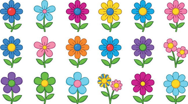 Colorful Cartoon Flower Icons with Green Stems and Leaves for Kids Crafts Scrapbooking Spring Patterns and Cute Greeting Card Designs