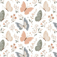 Fototapeta premium Whimsical butterfly pattern, pastel floral design, colorful insect motifs, seamless texture