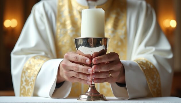 Priest holds silver chalice with white candle during religious ceremony. Clergyman in white vestments officiates sacred ritual. Faith, spirituality, communion, mass, prayer, church service.