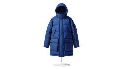 Blue padded winter parka with hood and multiple pockets © Laura