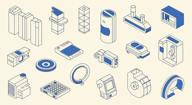Isometric Industrial Equipment and Technology Icons Set.