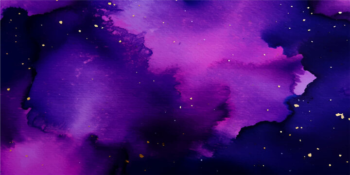 An abstract watercolor and grunge background featuring ink splashes blends into a dark cosmic night sky filled with glowing stars, bright nebulae, and swirling blue light from a distant galaxy