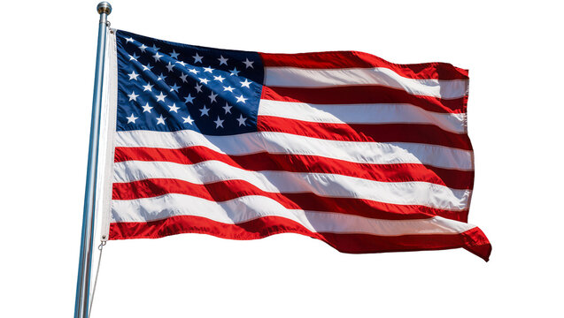 American flag waving on flagpole, stars and stripes