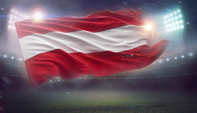 Vibrant Austrian Flag Waving Proudly in a Lit Sports Stadium, Symbolizing National Spirit and Athletic Excitement Under Bright Floodlights