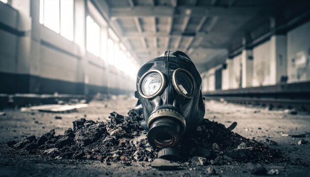 A cracked and opaque gas mask rests on rubble within an abandoned industrial building, symbolizing post-apocalyptic survival and danger.