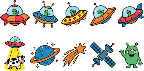 Cute Cartoon Alien UFO Vector Set featuring Flying Saucers, Abduction, Planets, Stars, Satellites, and Space Monster Elements for Kids Digital Media Designs © EdGe Creative