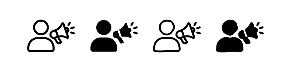 Public speaking and marketing icons. Person with megaphone for announcement and promotion.