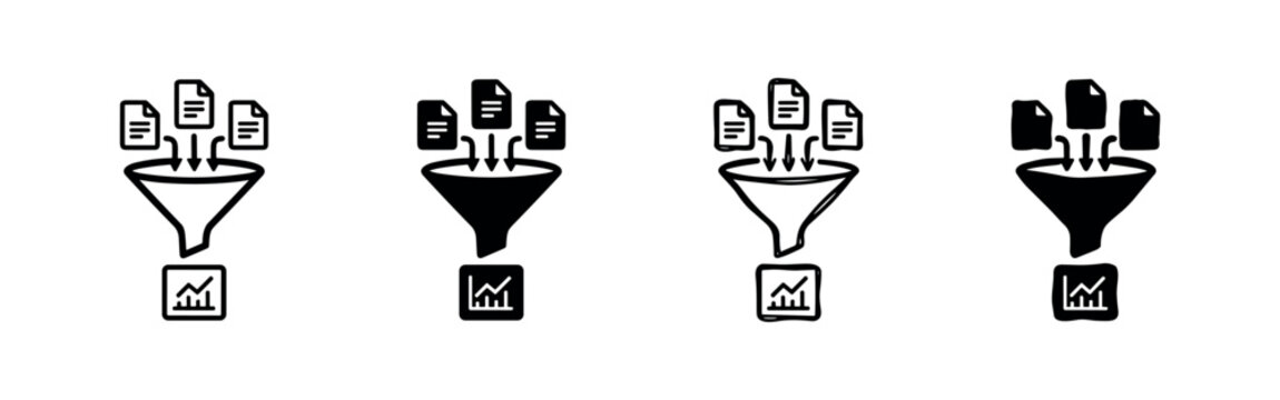 Data analysis funnel icons. Information filtering and processing with resulting insights concept.