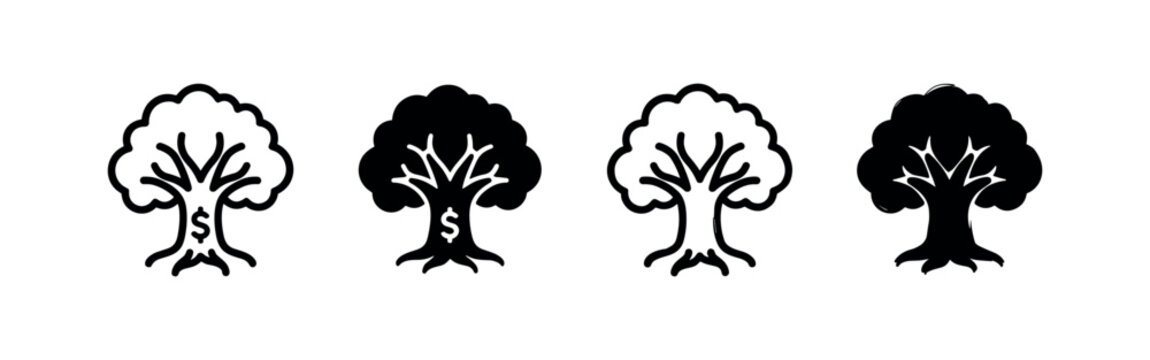 Money tree icons. Symbol of financial growth, wealth, and prosperity.