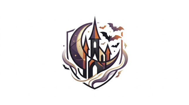 Halloween Castle Moon Bats Emblem Graphic Design.