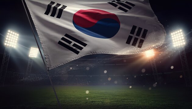 The national flag of South Korea proudly waves in a powerful display above a brightly lit sports arena, capturing the essence of competition and unity under evening lights