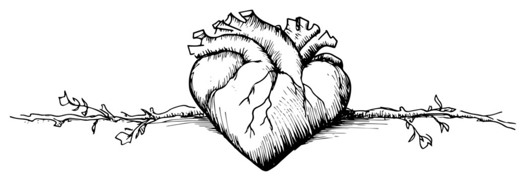 Anatomical heart with roots and branches hand drawn sketch vector illustration for medical or romantic concept