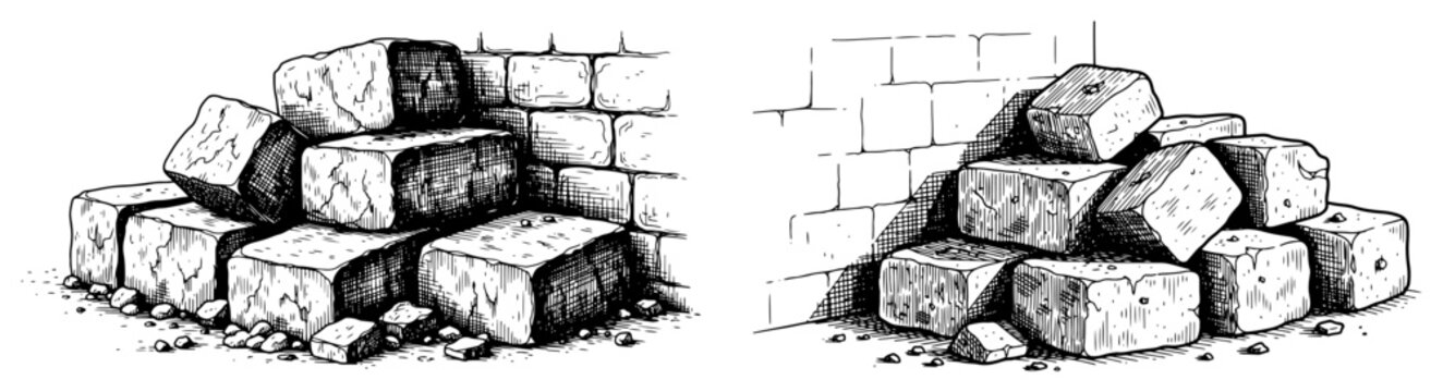 Pile of building stones and bricks for construction site hand drawn engraving style