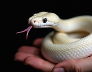 Fototapeta premium Pale yellow snake curls on human hand. Reptile flicking forked tongue, sensing environment. Close up macro shot, dark background, focus on scales detail. Animal biology, pet care, wild nature.