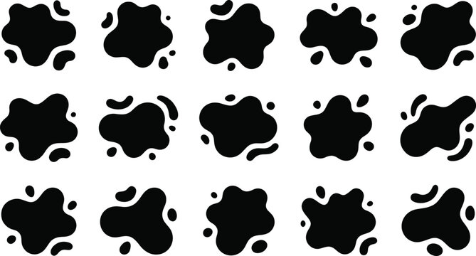 Liquid organic blobs set isolated black fluid shapes with small drops collection for creative graphic design and page layout.