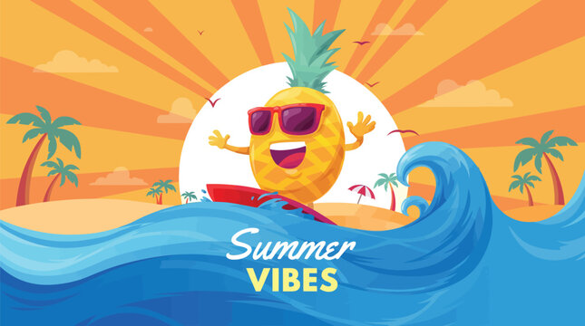 Vibrant cartoon pineapple character wearing sunglasses riding a red surfboard on ocean waves with a tropical sunset and palm trees in the background conveying summer fun vacation and beach