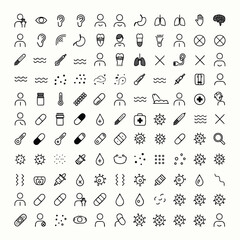 Fototapeta premium A grid of one hundred black and gray line icons featuring medical tools, human organs, and viral structures on an off-white background.