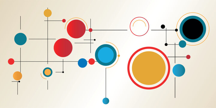 Abstract geometric pattern with interconnected circles and lines in various colors on a light background.