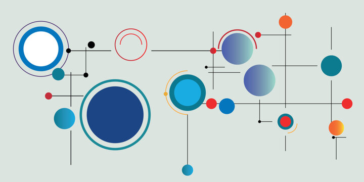 Abstract network of interconnected colorful circles and lines on a light background, representing data flow or a complex system.