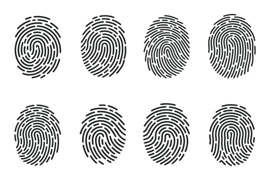 Biometric fingerprint icon set, 8 vector thumbprint symbols for security authentication, identity verification and access control systems, simple outline style icons for web and mobile app design.