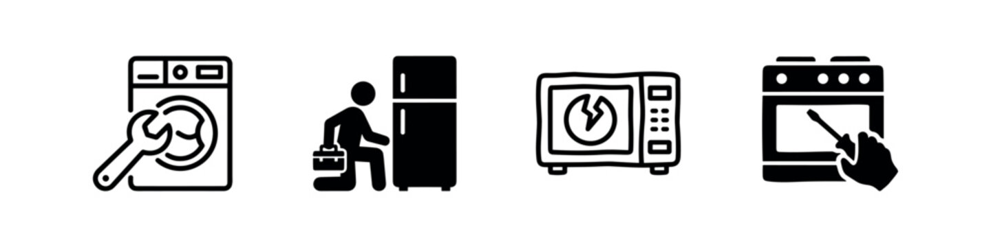 Home appliance repair service icons for washing machine, refrigerator, microwave, and oven.