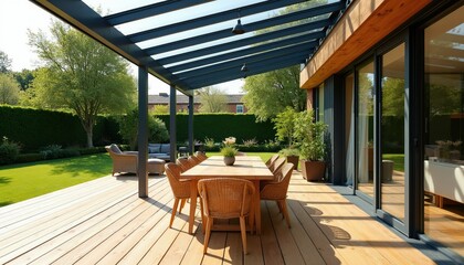 Fototapeta premium Modern conservatory with wooden deck and dining set opens onto lush garden. Inviting outdoor living space for entertaining. Bright sunny day.