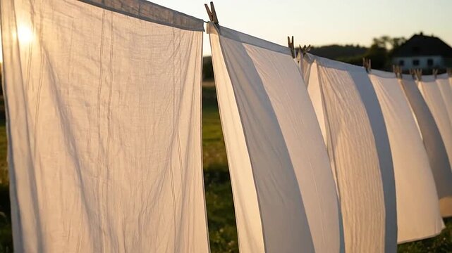 White linens hang on a clothesline in a rural field during the golden hour sunset
