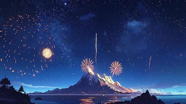 Bright golden fireworks explode over a snowy mountain peak at night