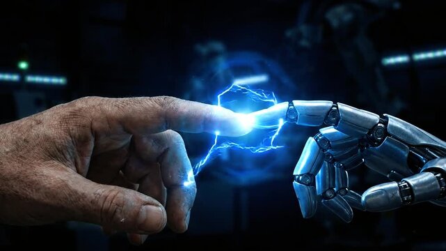 Close-up handshake between human hand touching white robot finger with Shot. artificial intelligence and futuristic technology connection and digital interface image.