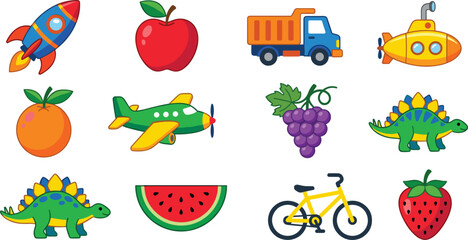 Cute cartoon vehicles fruits and dinosaurs sticker vector collection for kids education. © EdGe Creative