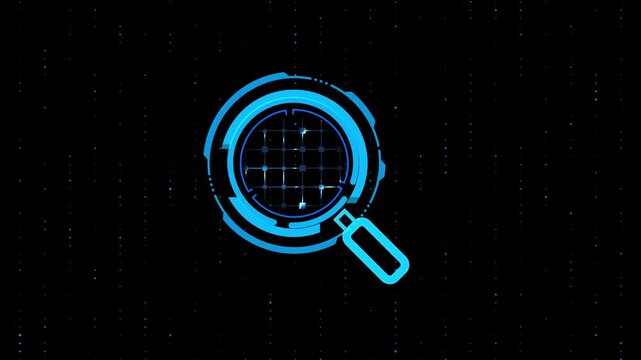 Animated neon magnifying glass with digital grid scanning on data stream background. Blue cyber security search concept loop on black
