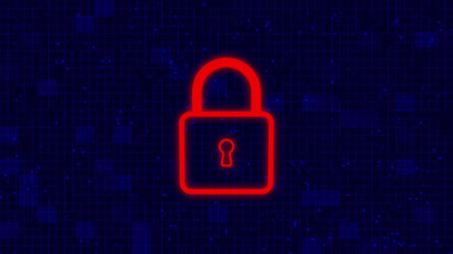 Animated neon security check loop with glowing padlocks opening on digital data background. Cyber unlock process interface on dark screen
