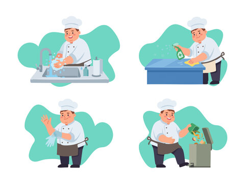 World Food Safety Day vector illustration pack with a cute chubby chef character showing kitchen hygiene steps. Cute koki washing hands, sanitizing table, wearing gloves, and throwing food waste.