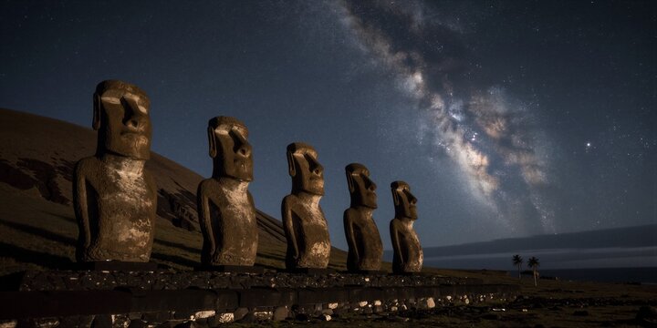 Majestic Moai statues stand upright in a row on Easter Island's Ahu Tongariki site, silhouetted against a vibrant, star-filled Milky Way.