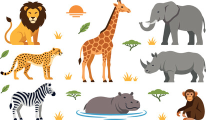 African safari wild animals vector set featuring lion giraffe elephant cheetah zebra rhinoceros hippopotamus and monkey with savanna nature elements © MdMehedi