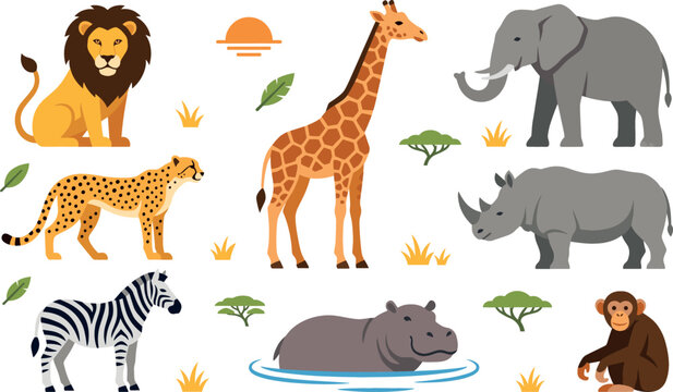 African safari wild animals vector set featuring lion giraffe elephant cheetah zebra rhinoceros hippopotamus and monkey with savanna nature elements