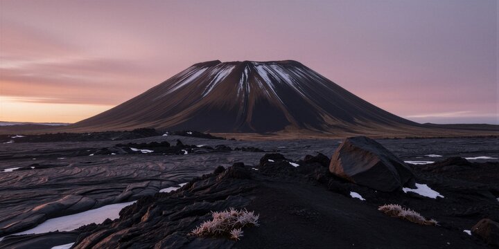 A stratovolcano stands isolated amidst frozen lava fields under a pink evening sky in Antarctica's harsh winter landscape.