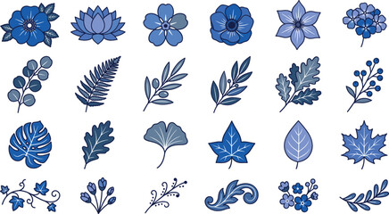 Blue flower and leaf vector illustration set featuring botanical elements, monstera, maple, ginkgo leaves, fern branch, berries, and elegant floral icons for wedding invitation design. © MdMehedi