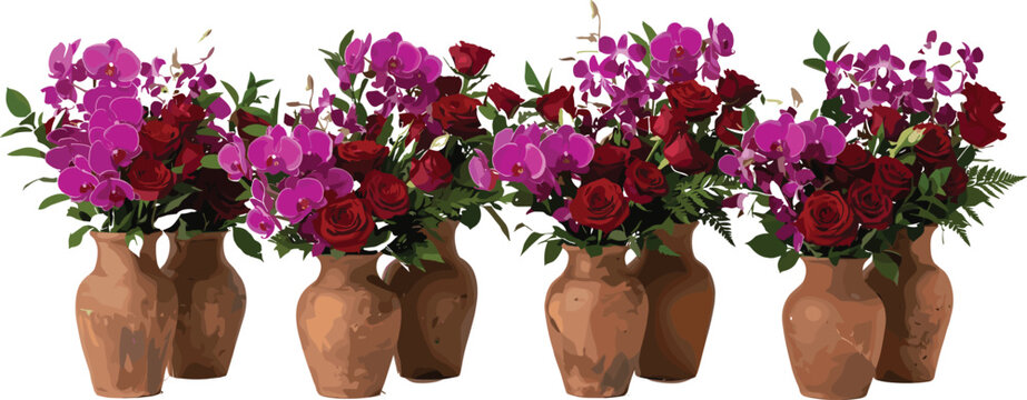 Elegant red roses and purple orchids flower arrangements in rustic clay pots vector collection.