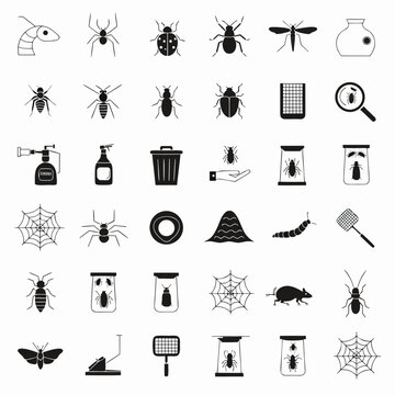 Thirty-six black vector icons showing crawling insects, flying pests, spider webs, chemical sprayers, and traps in a grid on a light background.