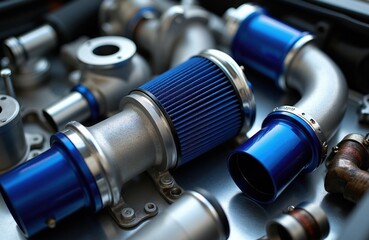 Fototapeta premium Car engine performance parts like turbochargers intake and exhaust systems with blue accents. Automotive upgrade components for vehicle tuning. Speed modification parts ready for installation.
