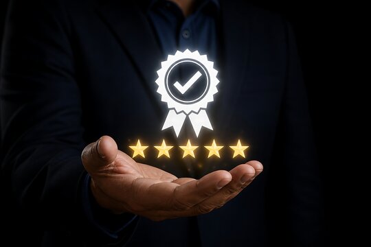Hand holds out a five-star rating with a badge of excellence, representing high quality and customer satisfaction.